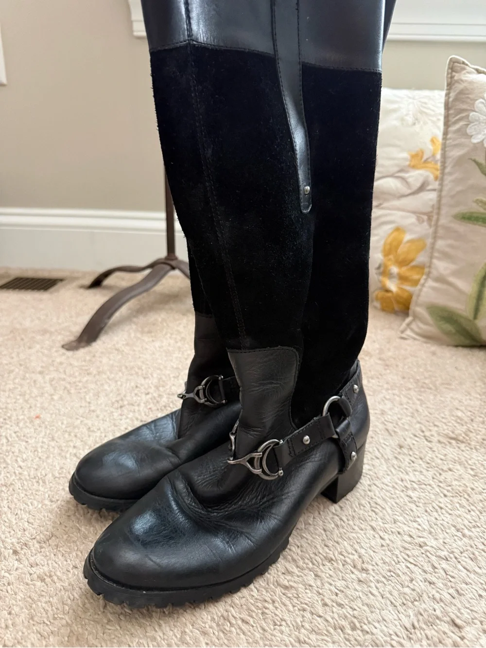 Black Women's Etienne Aigner Knee-High Leather & Suede Riding Boots